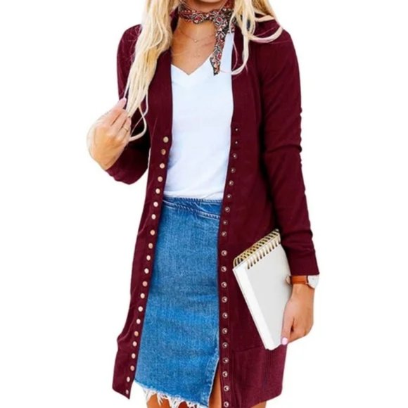 MEROKEETY Burgundy Long Gold Snap Cardigan Sweater Size M - Picture 2 of 12